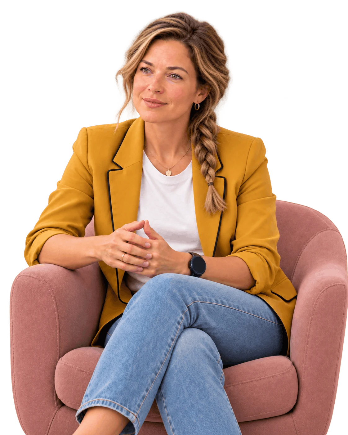 Therapeut in een fauteuil die aandachtig luistert